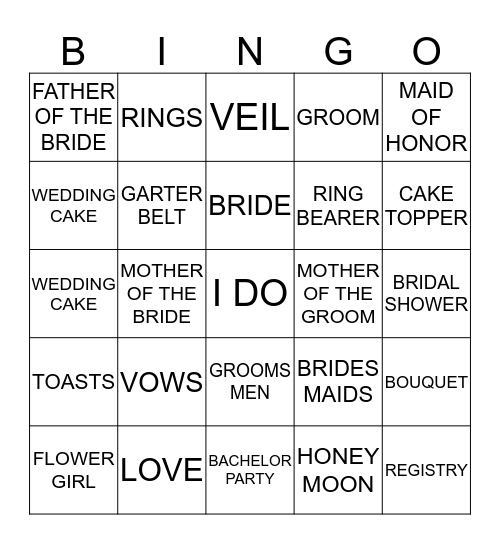 Cait's Bridal Shower Bingo Card