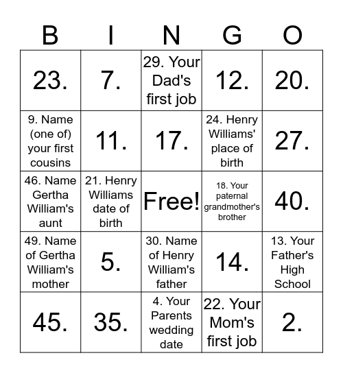 Williams Family Reunion Bingo Card