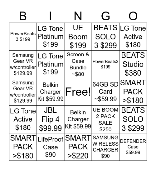 Accessory Bingo Card