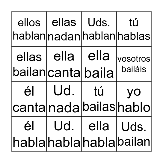 ar conjugatingnadar,bailar,cantar,hablar Bingo Card