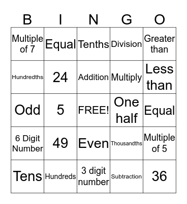 Mathematical Bingo Card