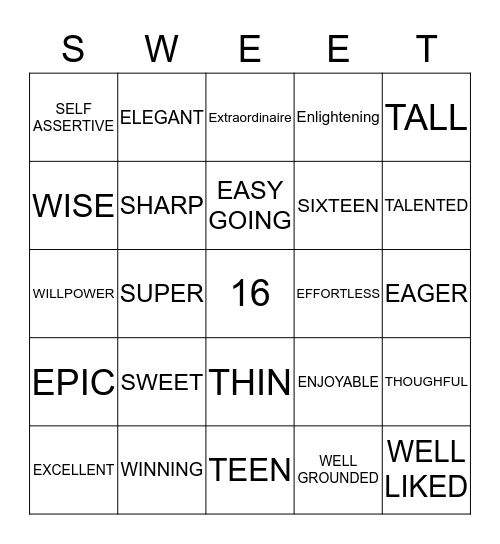 SWEET SIXTEEN Bingo Card