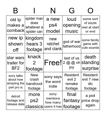 Sony E3 show 2017 Bingo Card