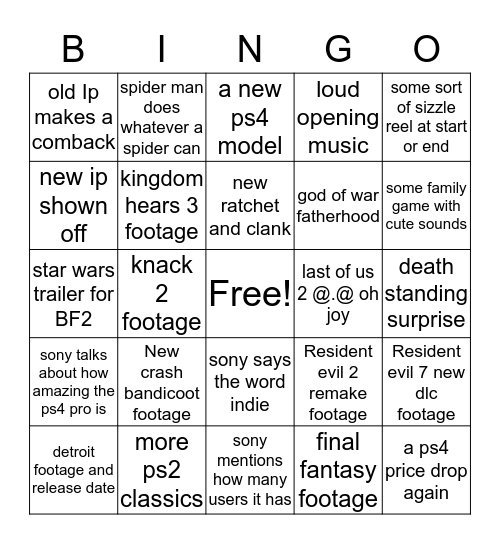 Sony E3 show 2017 Bingo Card