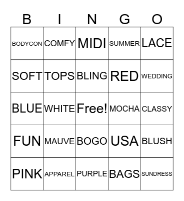 $100 Summer Sweepstakes @Apparel5Boutique.com Bingo Card