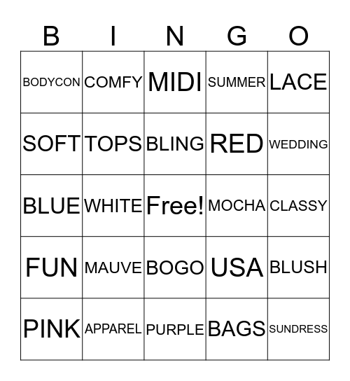 $100 Summer Sweepstakes @Apparel5Boutique.com Bingo Card