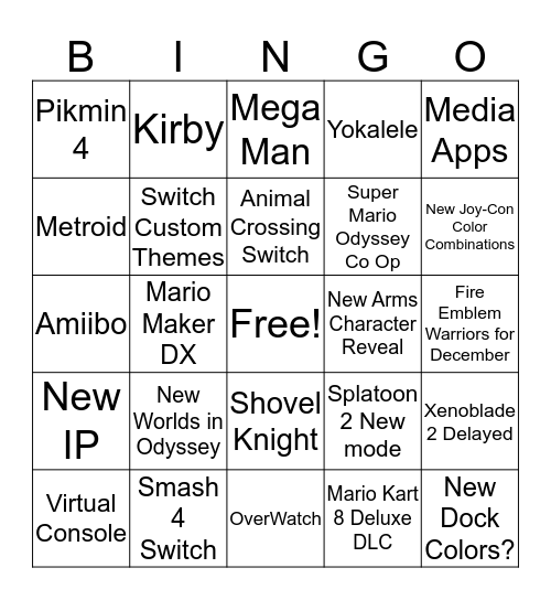 Nintendo E3 2017 Bingo Card