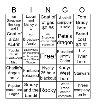 1977 the year Liza was born Bingo Card