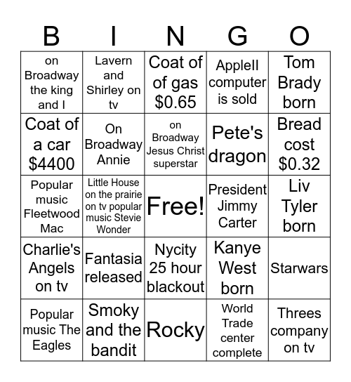 1977 the year Liza was born Bingo Card