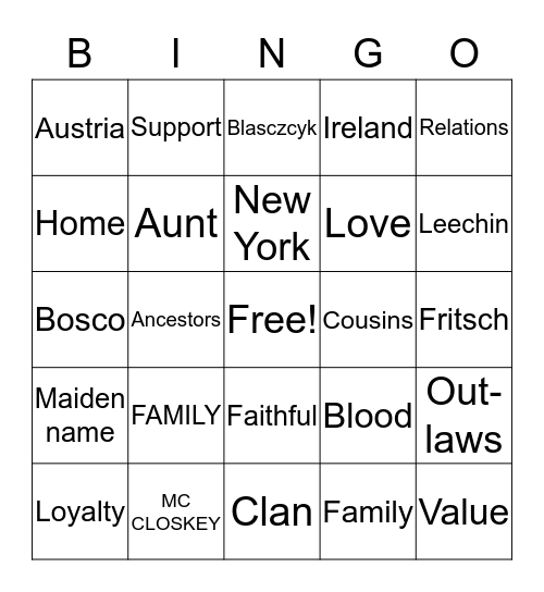 McCloskey Bingo Card