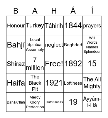 Bahá'í Trivia Bingo! Bingo Card