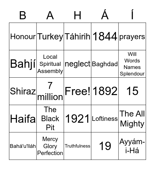 Bahá'í Trivia Bingo! Bingo Card