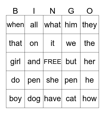 SIGHT WORD BINGO Card