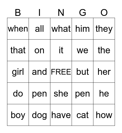 SIGHT WORD BINGO Card