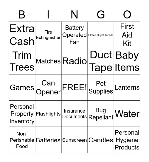 Hurricane Prepardness Bingo Card