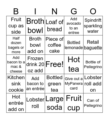 Panera Upsell Bingo Card