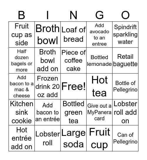 Panera Upsell Bingo Card