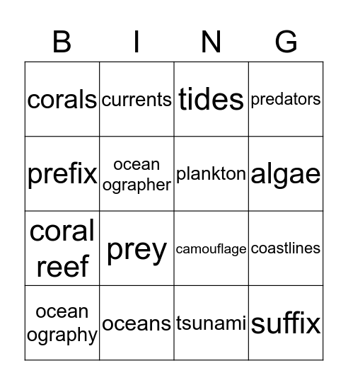 Oceanography & General Vocabulary Bingo Card