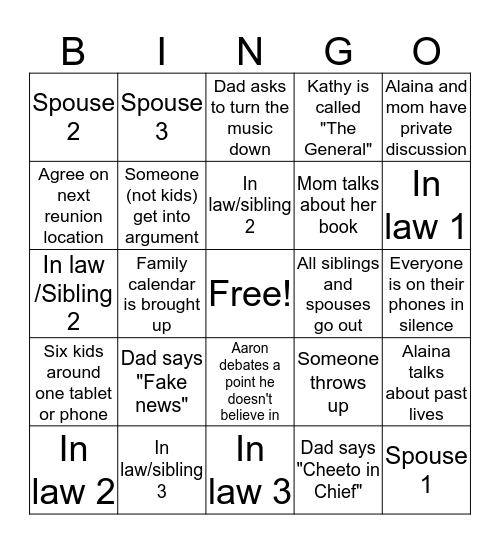 Altschul Reunion 2017 Bingo Card