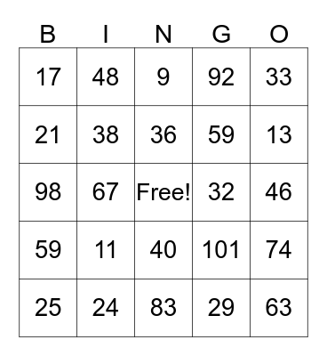 Number Bingo Card