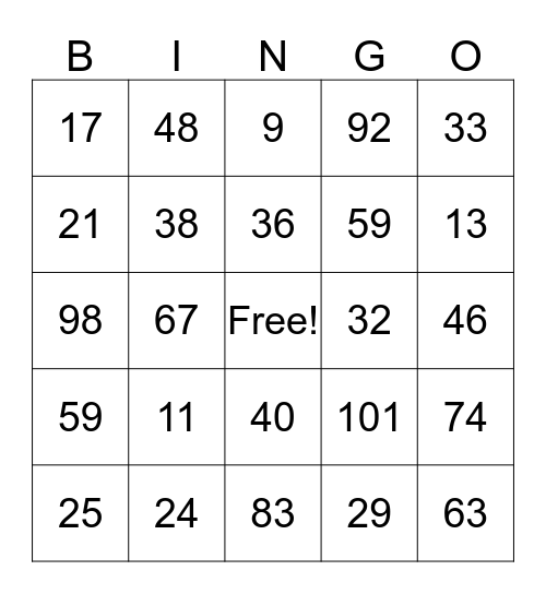Number Bingo Card