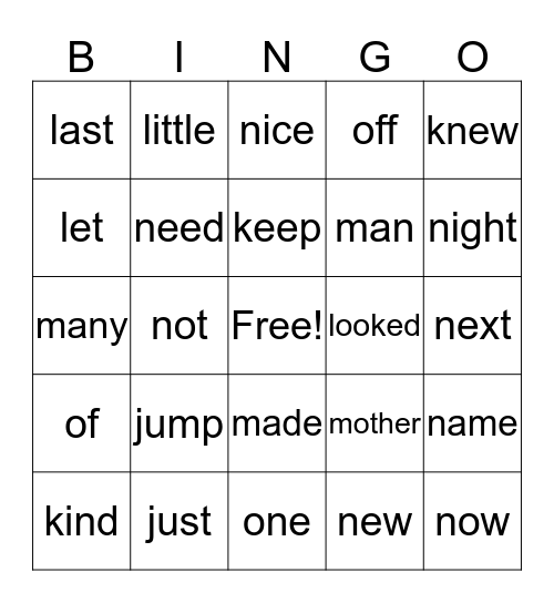 FIRST GRADE WALL WORDS Bingo Card