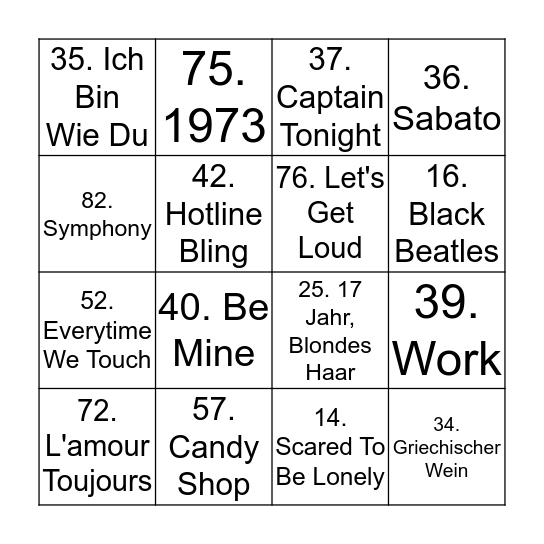 Wintour NL. Music Bingo Card