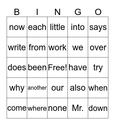 Trick Word Bingo Card