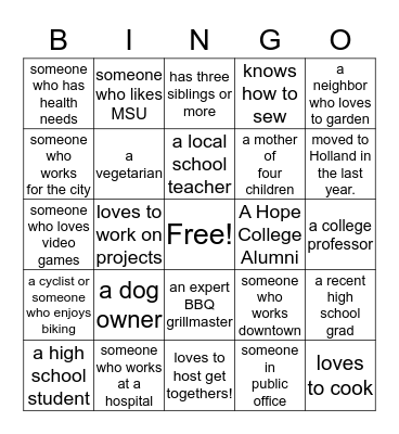 Washington School Neighbors Bingo Card