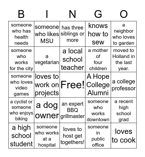 Washington School Neighbors Bingo Card