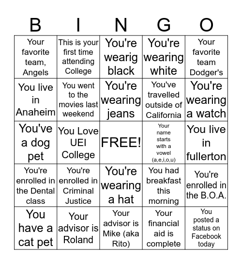 UEI College Bingo Card