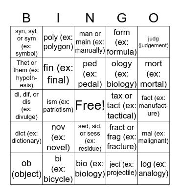 Root Word Bingo Card