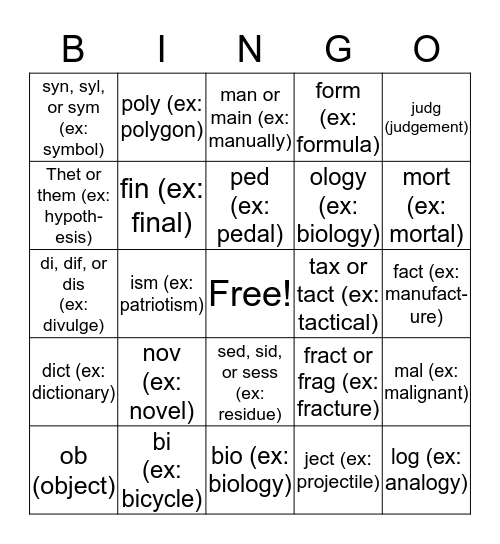 Root Word Bingo Card