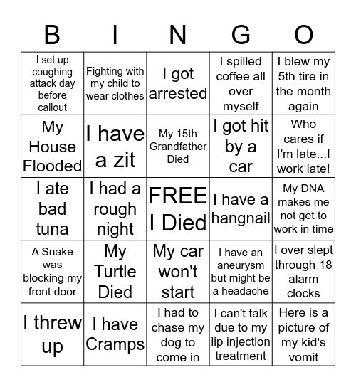 Call-in Excuse BINGO Card