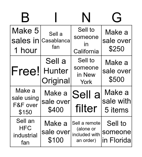 Direct Sales Bingo Card
