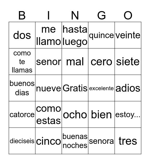 Espanol Bingo Card
