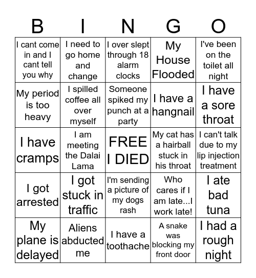 Call-out Excuse Bingo Card