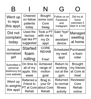 Core Rehab BINGO! Bingo Card