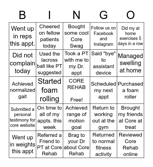 Core Rehab BINGO! Bingo Card