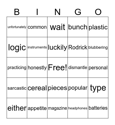 Diary of a Wimpy Kid Bingo Card
