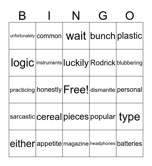 Diary of a Wimpy Kid Bingo Card