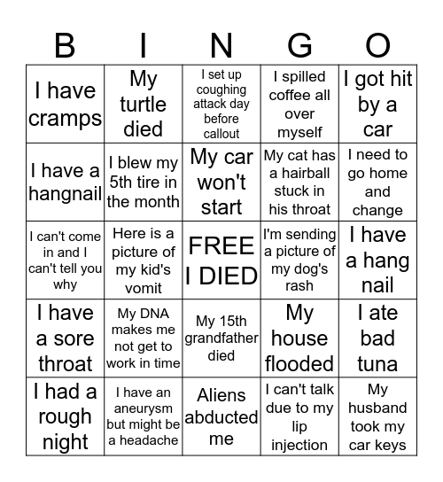 Call-out Excuse Bingo Card