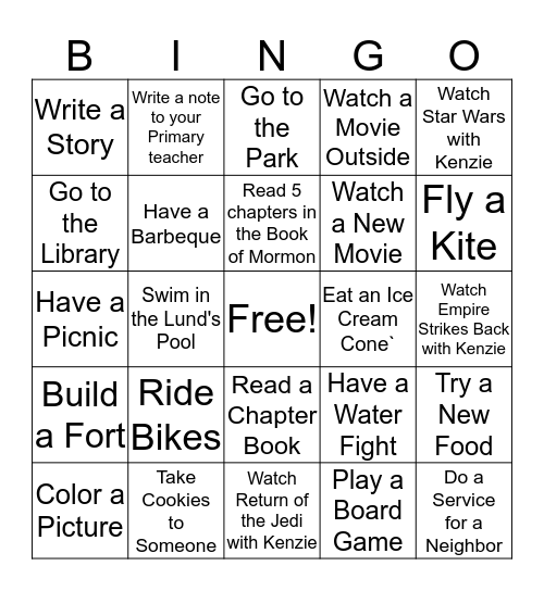 Cayman's Summer Bingo Card