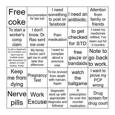 Emergency Department Menu. How can we help you today?  Please select all of your requests for today's visit. Bingo Card