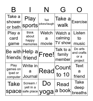 Coping Skills Bingo Card