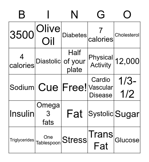 Diabetes Prevention Bingo Card