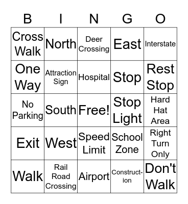 Street Sign Bingo Card