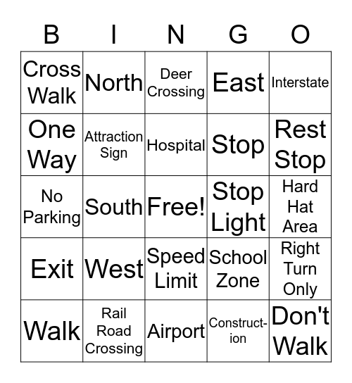 Street Sign Bingo Card