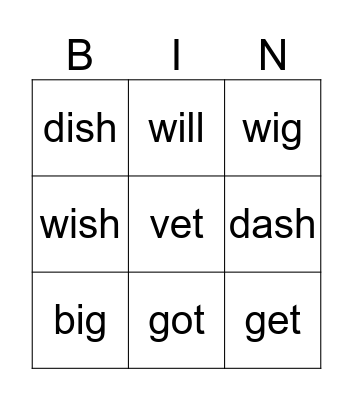 Lively Letters  a e i Bingo Card