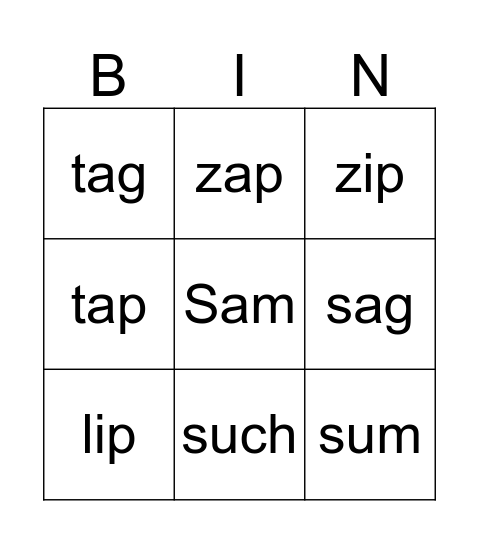 Lively Letters  a i u Bingo Card